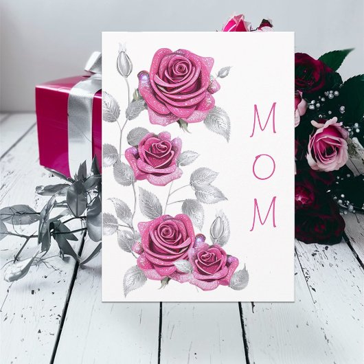 Rosenstrahlen schimmern mit Silbermüttertag Karte