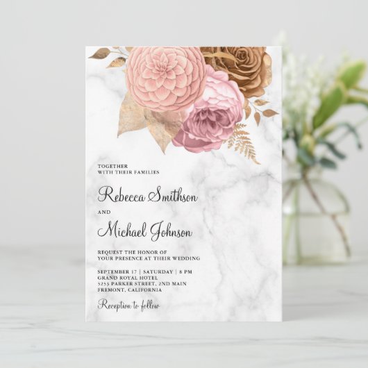 Rosensträucher - Blütenmarmor in einer Hochzeit Einladung (Stehend Vorderseite)