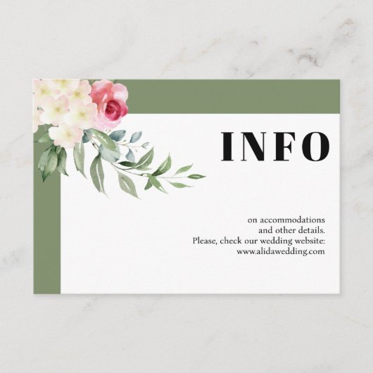 Rosensträucher und zweiggrüne Hochzeitsdetails Begleitkarte (Vorderseite)