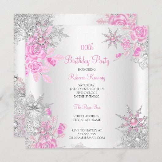 Rosenwunder Wunderland Schneeflocken Party Einladung (Vorne/Hinten)