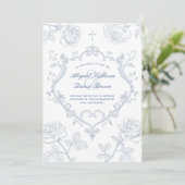 Roses Blue Crest Catholic Wedding Einladung (Stehend Vorderseite)