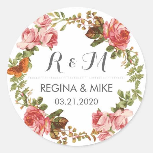 Roses Blumenkraut-Monogram-Frühjahrssonne Runder Aufkleber (Vorderseite)