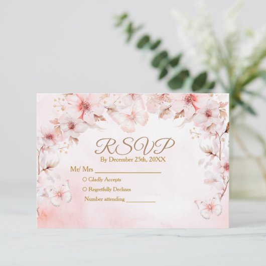 Roses Butterfly Quinceañera Crown Rsvp Card Dankeskarte (Stehend Vorderseite)