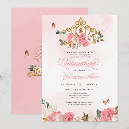 Roses Butterfly Quinceanera Gold Tiara Einladung (Vorne/Hinten)