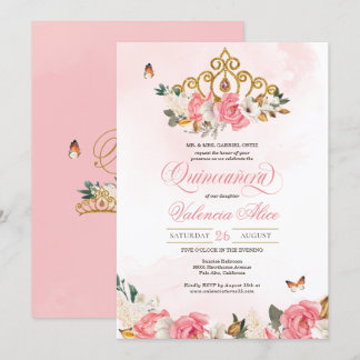 Roses Butterfly Quinceanera Gold Tiara Einladung