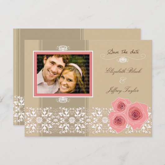 Roses Damask Lace Save the Date Postkarte (Vorne/Hinten)