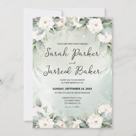 Roses Eucalyptus-Blätter Hochzeit Einladung (Vorderseite)