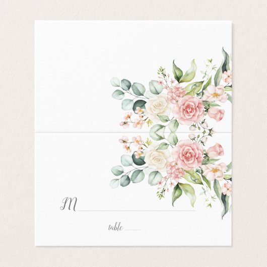 Roses Eucalyptus Greenery Wedding Platzkarte (Außenseite Aufgefaltet)