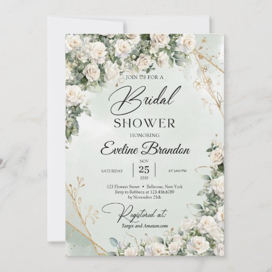 Roses eucalyptus grün und gold einladung (Vorderseite)