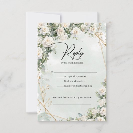 Roses eucalyptus grün und gold RSVP karte (Vorderseite)