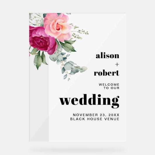 Roses eucalyptus Hochzeit WELCOME Acrylschild (Vorderseite)