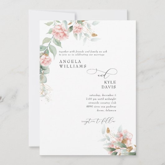 Roses Eucalyptus Wedding Einladung (Vorderseite)