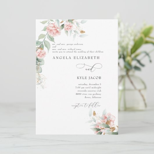 Roses Eukalyptus Beide Eltern Hochzeit Einladung (Stehend Vorderseite)