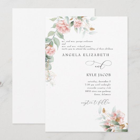 Roses Eukalyptus Beide Eltern Hochzeit Einladung (Vorne/Hinten)