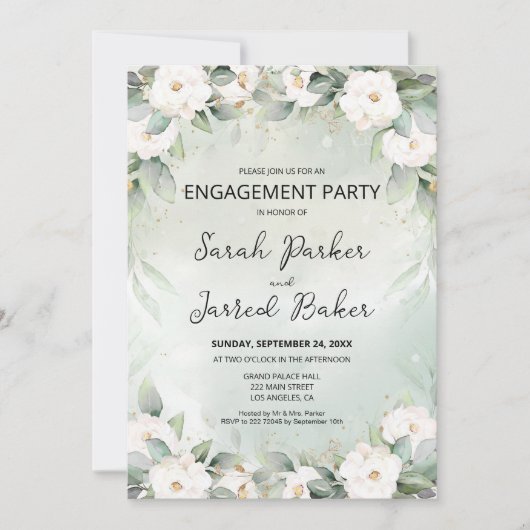 Roses Eukalyptus-Blätter Verlobung Einladung (Vorderseite)