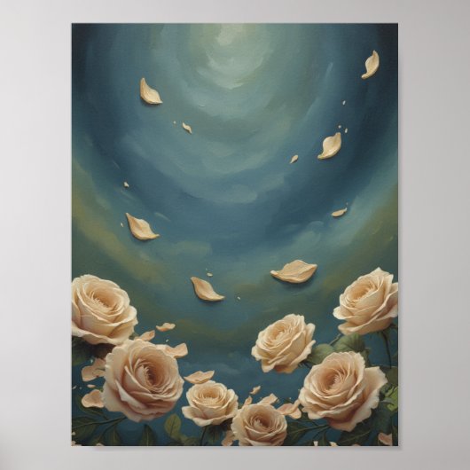  Roses & Floating Petals Teal Blue Oil Painting Poster (Vorne)