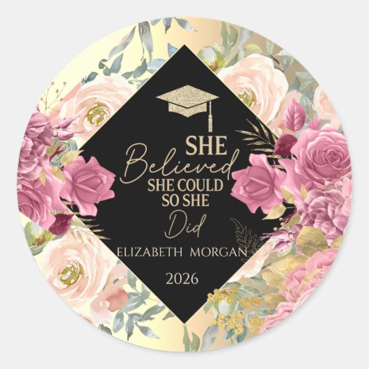 Roses Flowers Gold Cap Motivational Message  Runder Aufkleber (Vorderseite)