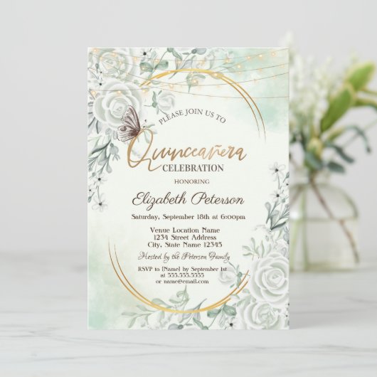 Roses Glitter Butterfly String Lights Green Einladung (Stehend Vorderseite)