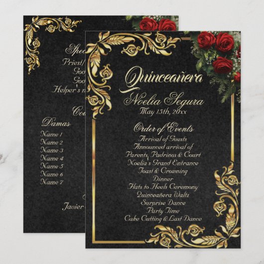 Roses & Gold Leaves - Black Quinceanera Program Programm (Vorne/Hinten)