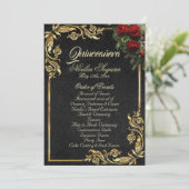 Roses & Gold Leaves - Black Quinceanera Program Programm (Stehend Vorderseite)