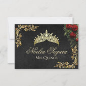 Roses & Gold Leaves - Black RSVP Karte (Rückseite)