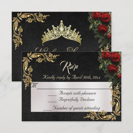 Roses & Gold Leaves - Black RSVP Karte (Vorne/Hinten)