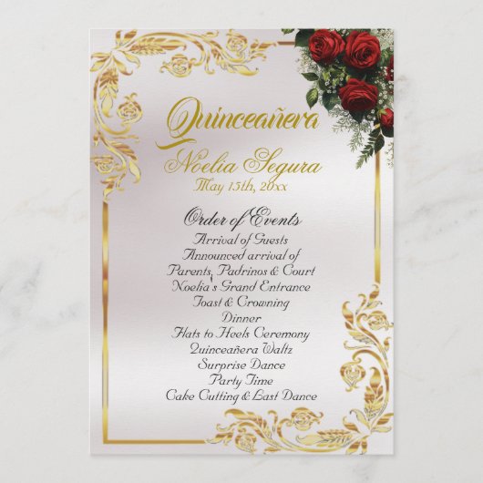Roses & Gold Leaves - Pearl Quinceanera Program Programm (Vorderseite)