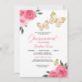 Roses Golden Butterfly Quinceañera Geburtstag Einladung (Vorderseite)