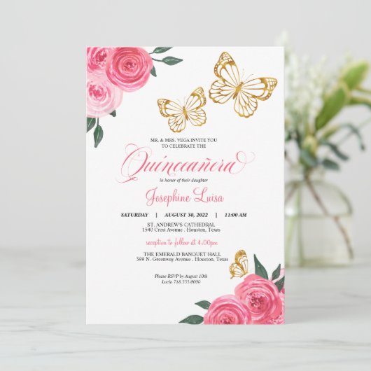 Roses Golden Butterfly Quinceañera Geburtstag Einladung (Stehend Vorderseite)