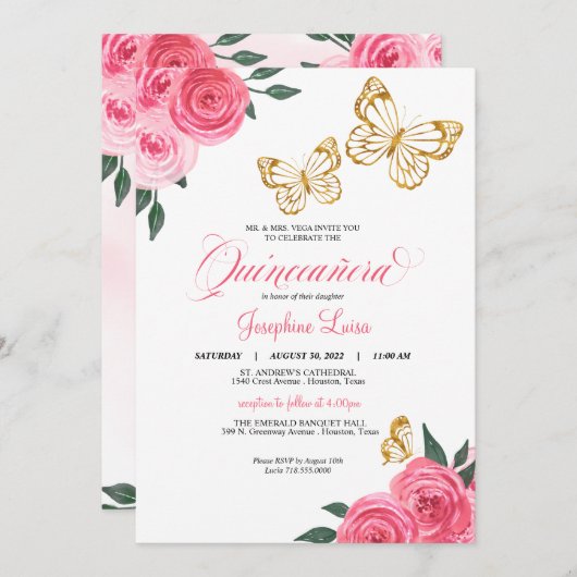 Roses Golden Butterfly Quinceañera Geburtstag Einladung (Vorne/Hinten)