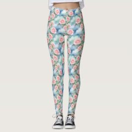 Roses In Watercolor Hues Of Light Pink And Green Leggings