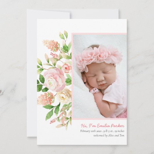 Roses | Moderne Elegante Blumengeburt Ankündigung (Vorderseite)