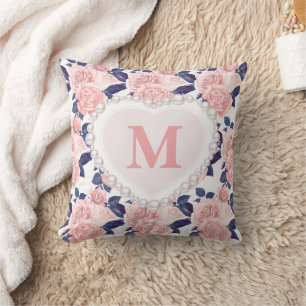 Roses Navy Blue Floral Pearl Heart Monogram Kissen