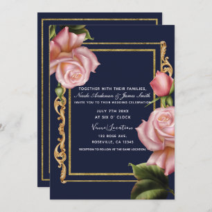 Roses Navy Blue & Gold Moderne Hochzeit Einladung