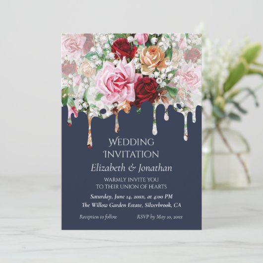Roses on Blue Customizable Wedding Invitation (Stehend Vorderseite)