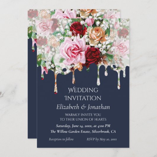Roses on Blue Customizable Wedding Invitation (Vorne/Hinten)