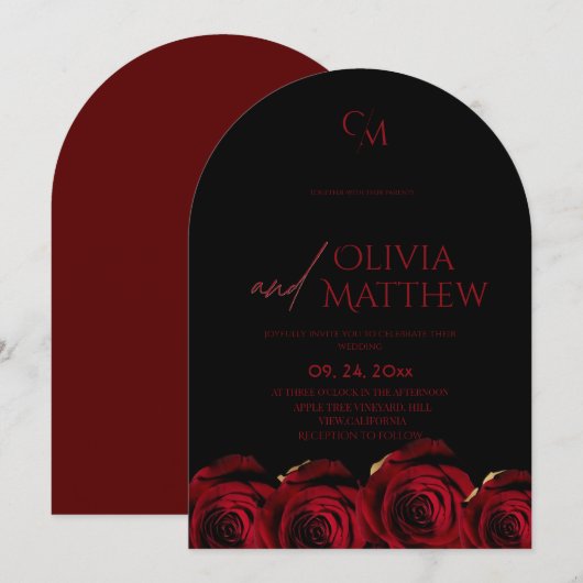 Roses Red Black Burgundy Wedding Einladung (Vorne/Hinten)