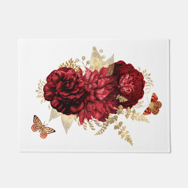 Roses Red Gold Floral Butterfly Fußmatte (Vorderseite)