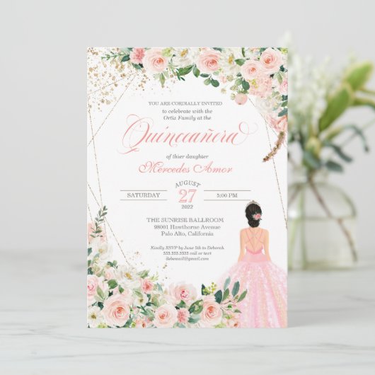 Roses Roses Blumenstrauß Quinceanera Feier in Rosa Einladung (Stehend Vorderseite)