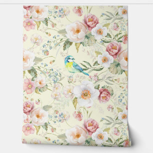 Roses Roses Pink Peonies Blue Floral Bird auf Crem Tapete