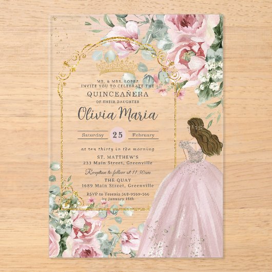 Roses Roses Roses Blues Gold Quinceañera Sweet 16 Acryleinladungen (Vorderseite)