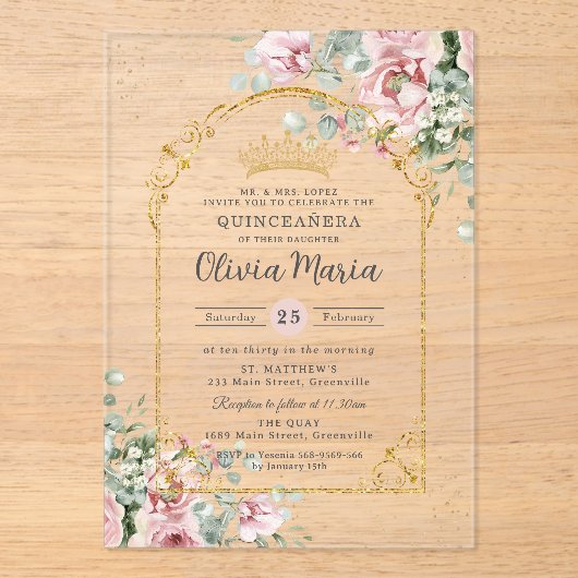 Roses Roses Roses Blues Gold Quinceañera Sweet 16 Acryleinladungen (Vorderseite)