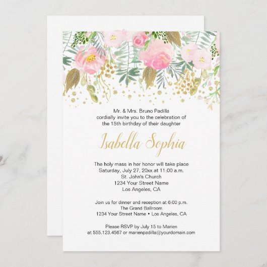 Roses Roses Roses Glitzer Grüne Quinceanera Einladung (Vorne/Hinten)