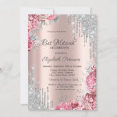 Roses Silver Glitter Drips Rose Gold Bar Mitzvah Einladung (Vorderseite)