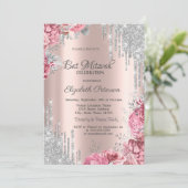 Roses Silver Glitter Drips Rose Gold Bar Mitzvah Einladung (Stehend Vorderseite)