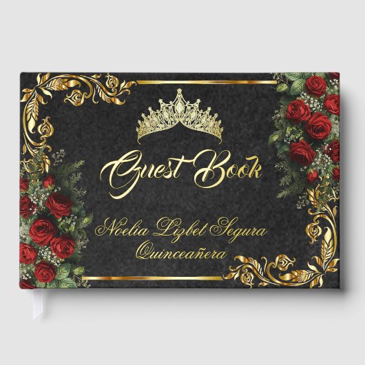 Roses, Tiara & Gold Leaves - Black Gästebuch (Vorderseite)