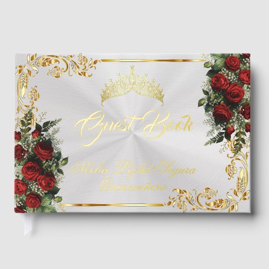 Roses, Tiara & Gold Leaves - Pearl White Gästebuch (Vorderseite)
