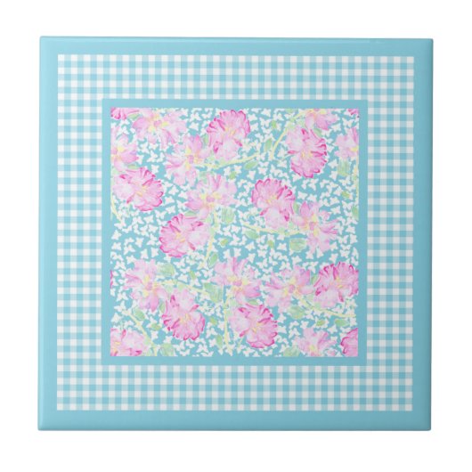 Roses White Butterfells Gingham Keramik Tile Fliese (Vorderseite)