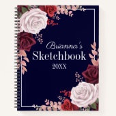 Roses Your Name Navy Blue Sketchbook Notizblock (Vorderseite)