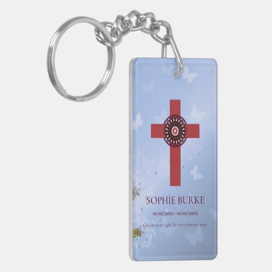 Rosette Cross Blue Schmetterlinge Pet Memorial Ged Schlüsselanhänger (Vorderseite links)